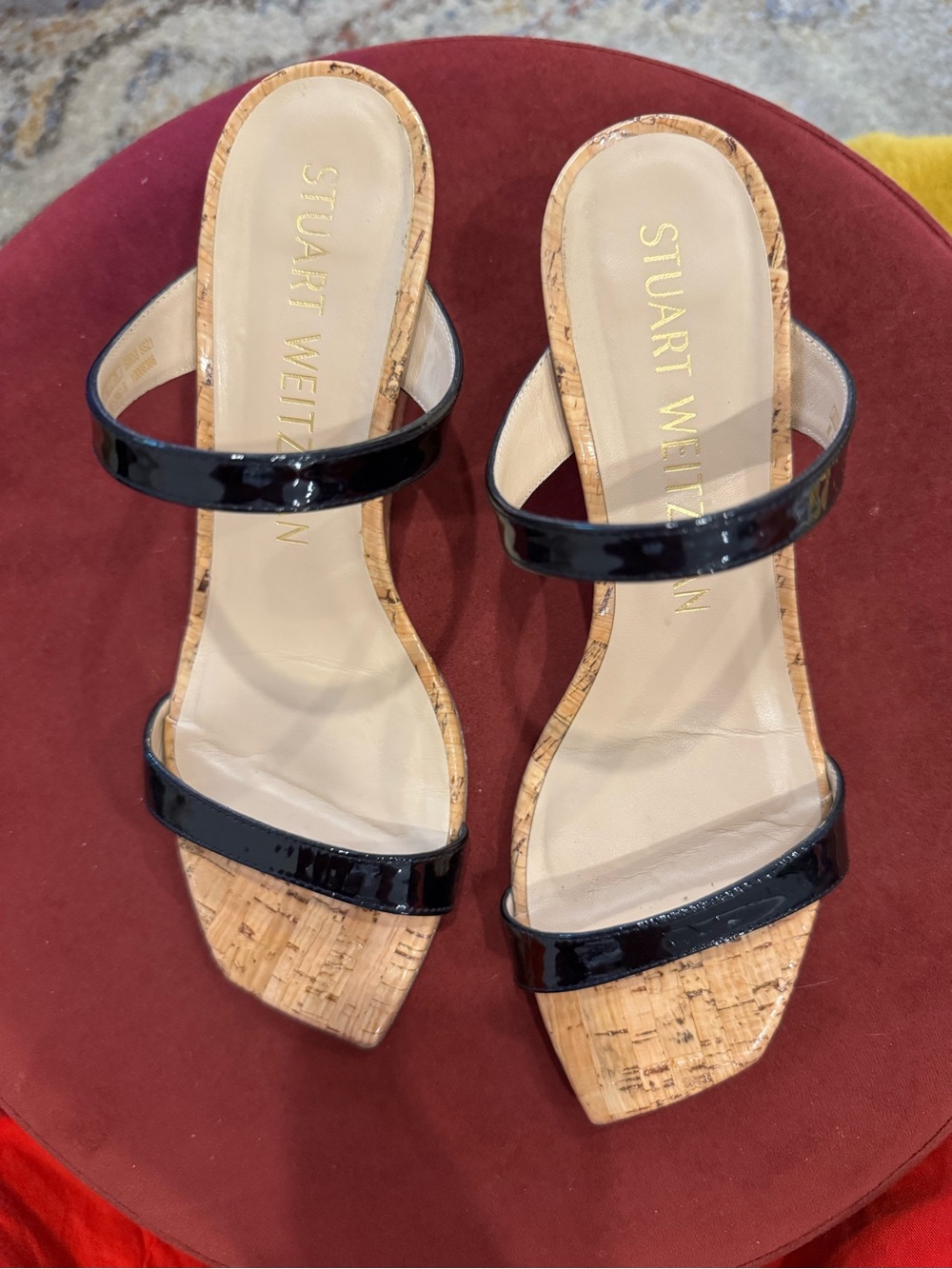 Stuart Weitzman Black Patent Cork Double-Strap Heels